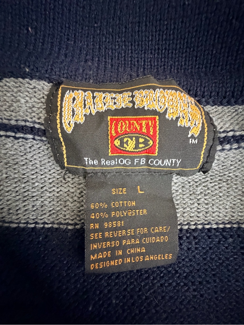 FB County Girl Cropped Knit Polo Sweater Size L Striped Navy Blue Gray - Picture 11 of 12